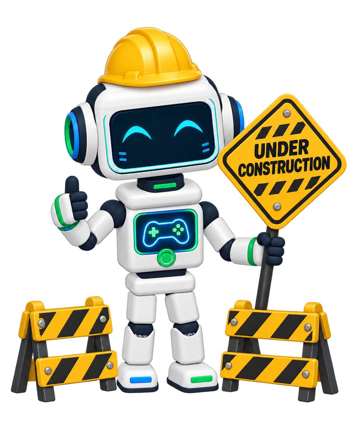 GEO wears a yellow hard hat on a clear head and has a glowing neon controller display in its chest, beside an Under Construction sign and safety barriers.